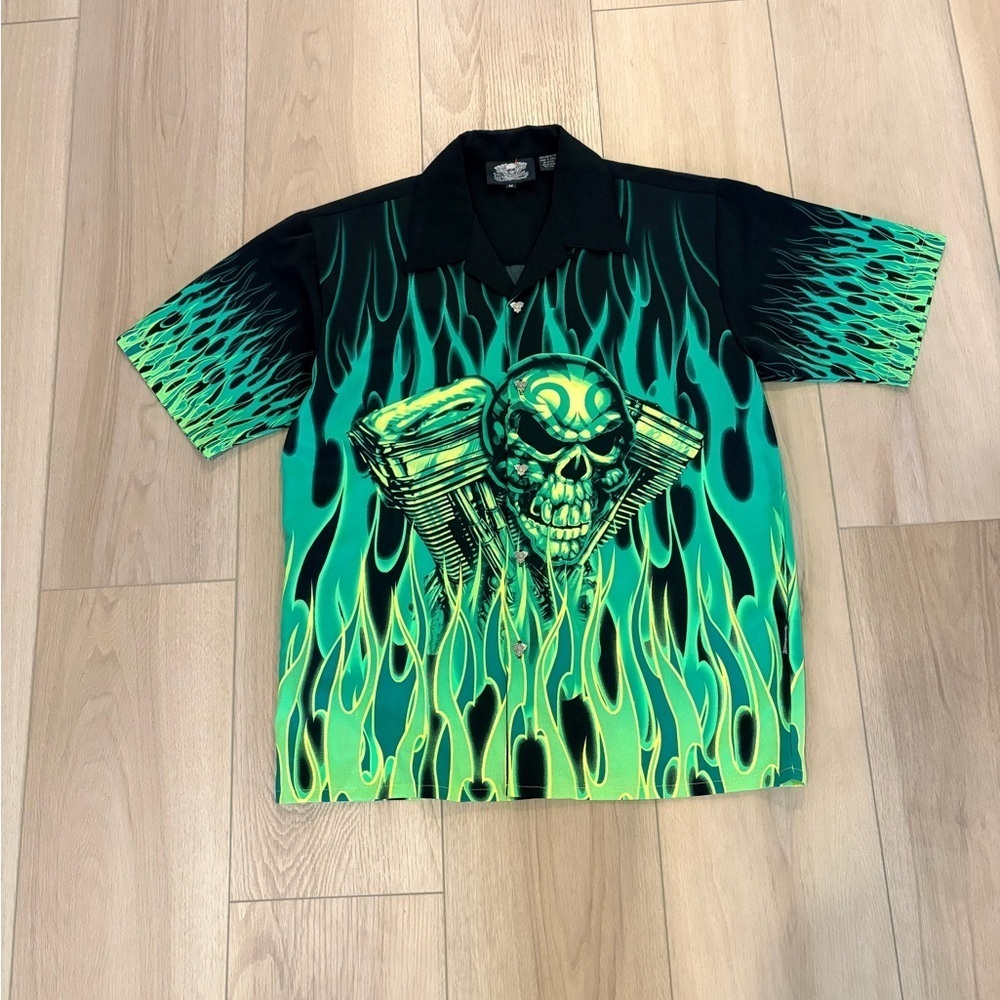 Vtg Y2K Dragonfly Road House Shirt Skulls Green Black Men’s
